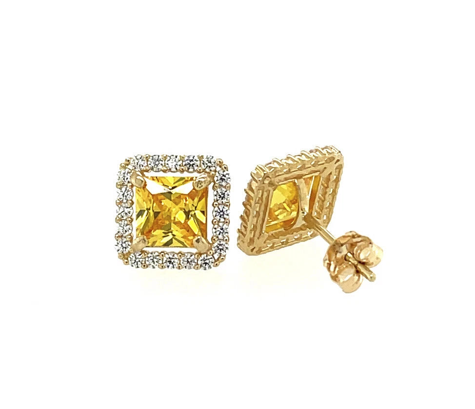 14k Yellow and White Gold Cushion Stud Earrings with Push Back