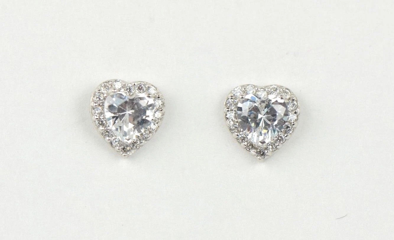 14k Solid White Gold Halo Heart Stud Earrings