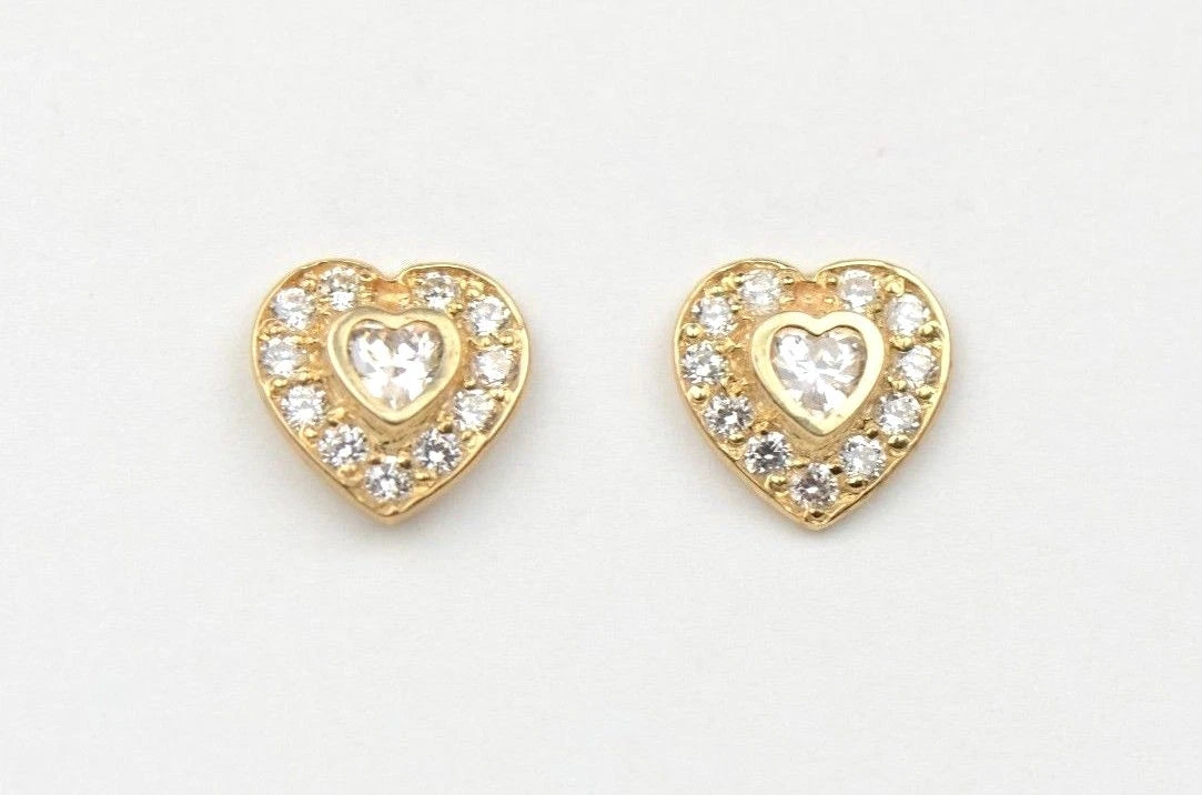 14K Yellow Gold Birthstone Heart with CZ Stud Earrings Screw Back