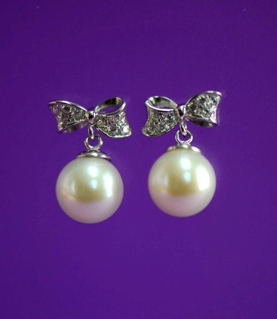 14k yellow white gold bow tie pearl cz stud earring freshwater