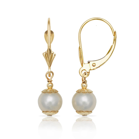 14K Yellow Gold White Round Freshwater Cultured Pearl Leverback Earrings