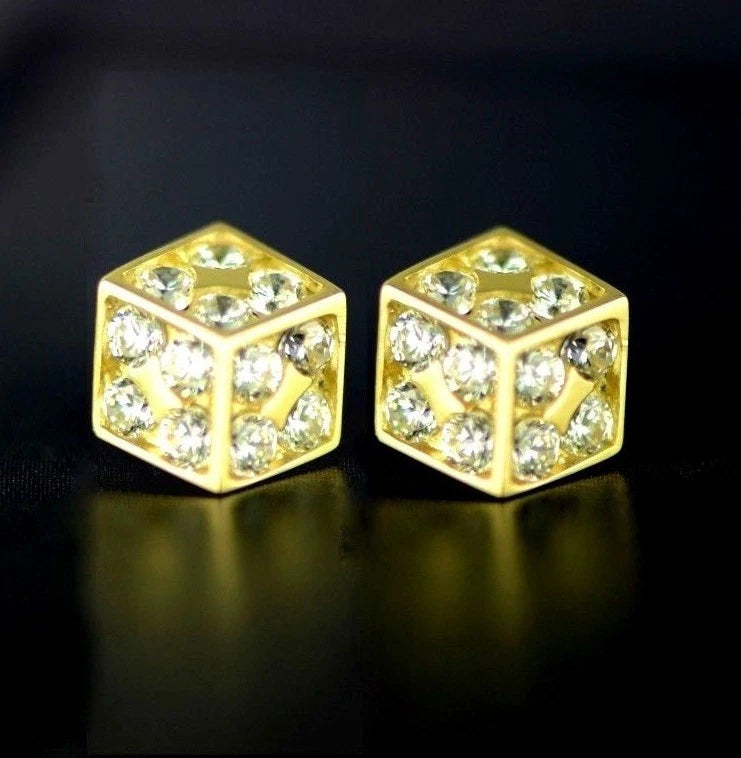 14K Yellow or White Gold Dice Stud Earrings Screw Back
