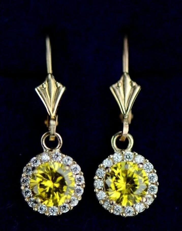 14k Yellow Gold Halo Dangle Round Leverback Pierced Earrings Birthstone