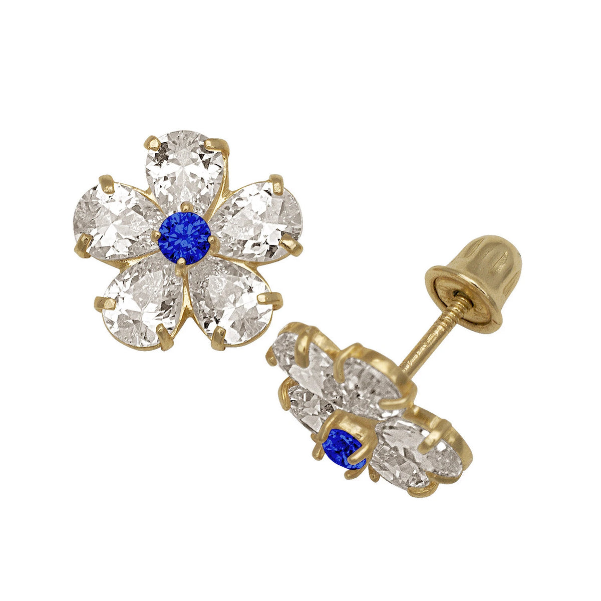 14k Yellow & White Gold CZ Flower Birthstone Stud Screw Back Earrings for Women
