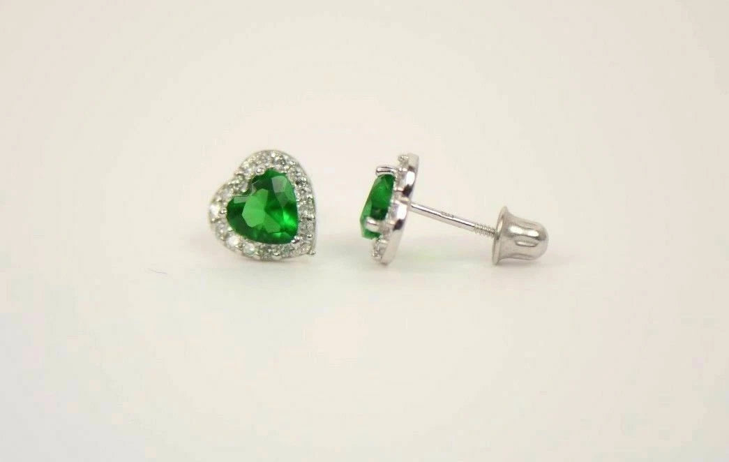14K White Gold Halo Heart CZ Stud Earrings Screw Back
