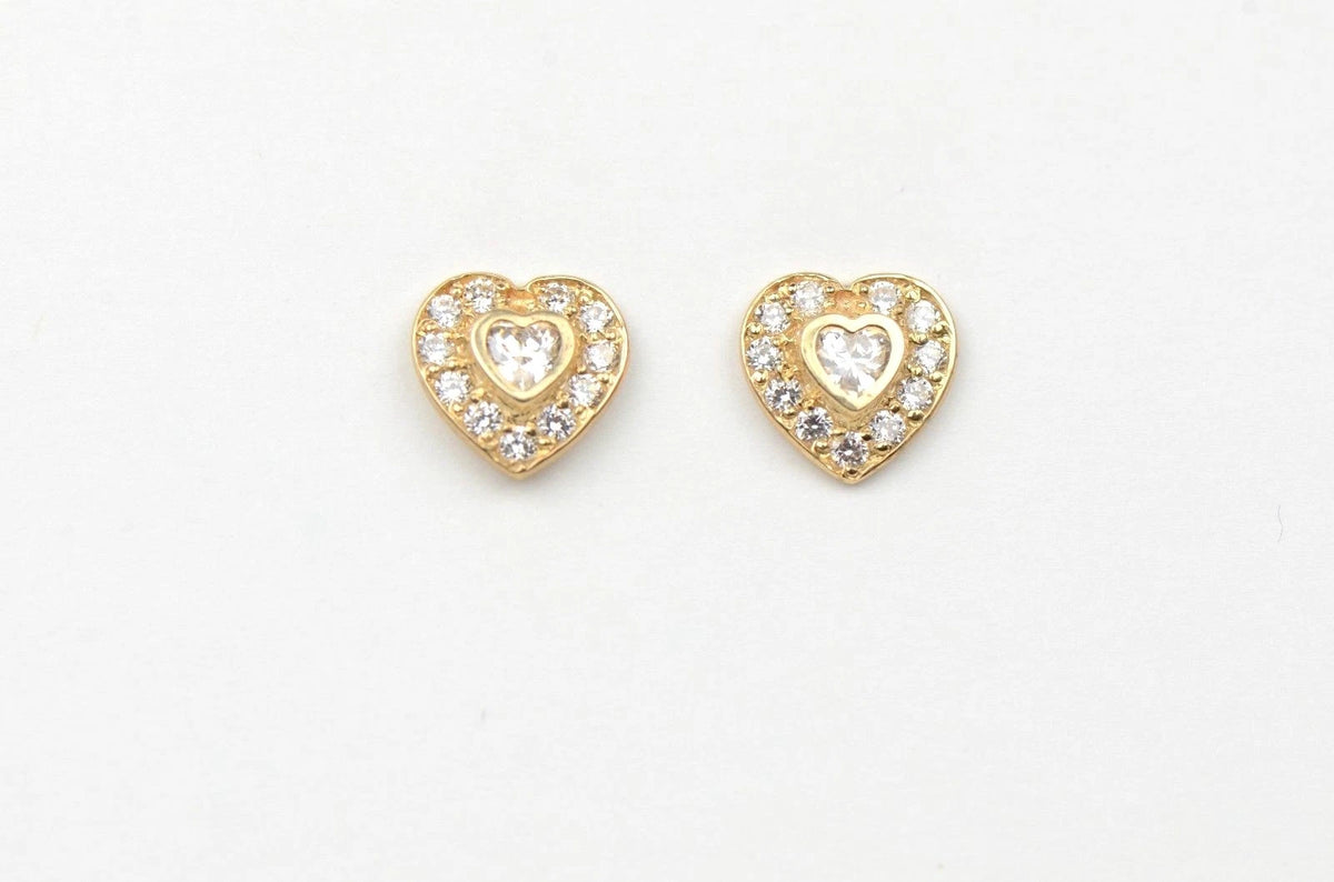 14K Yellow Gold Birthstone Heart with CZ Stud Earrings Screw Back