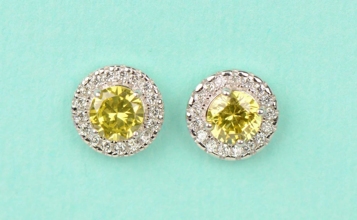 14K Solid White Gold Halo Stud CZ Screw Back Earrings