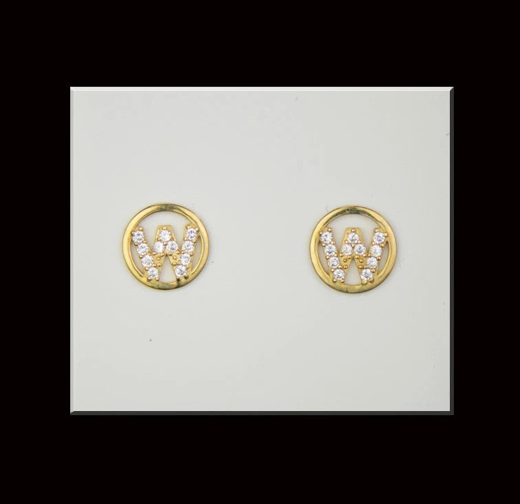 14k Yellow or White Gold Round Initial Letters CZ Stud Earrings