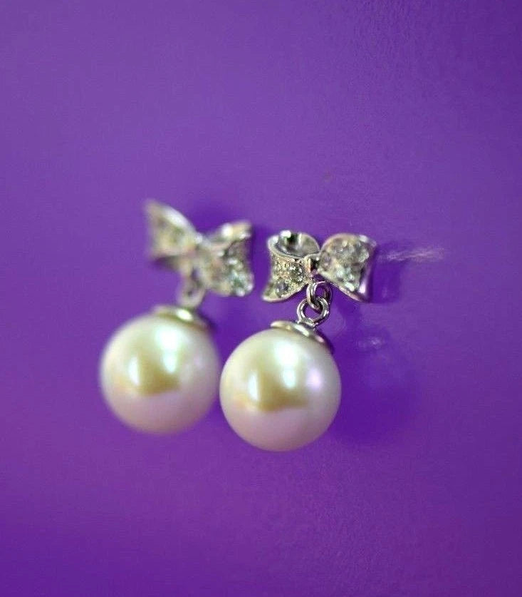 14k yellow white gold bow tie pearl cz stud earring freshwater