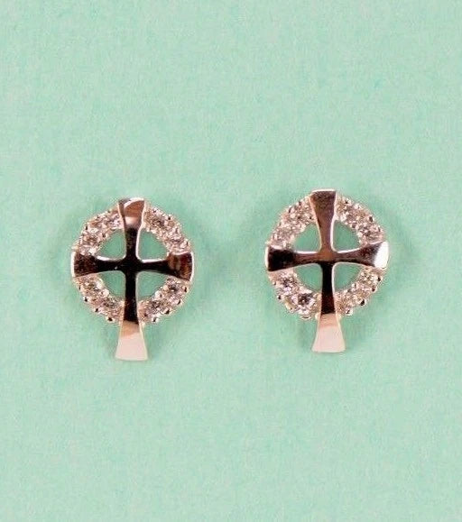 14K White or Yellow Gold Cross CZ Stud Earrings
