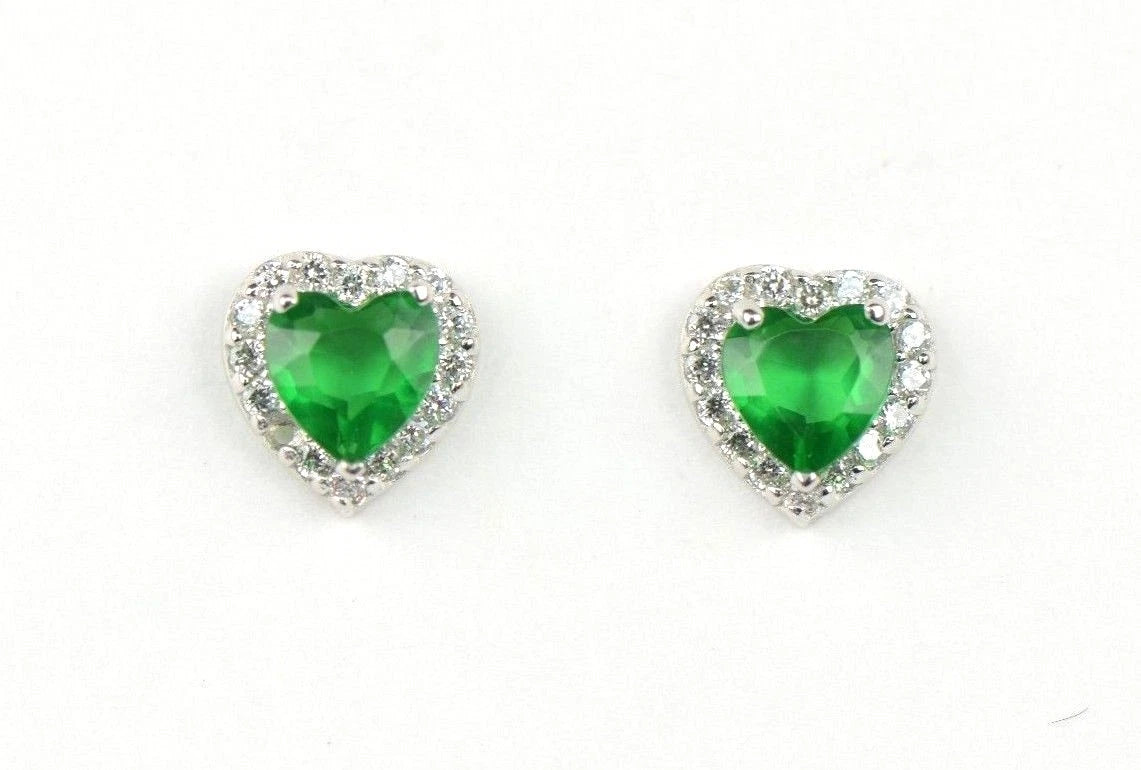 14k Solid White Gold Halo Heart Stud Earrings