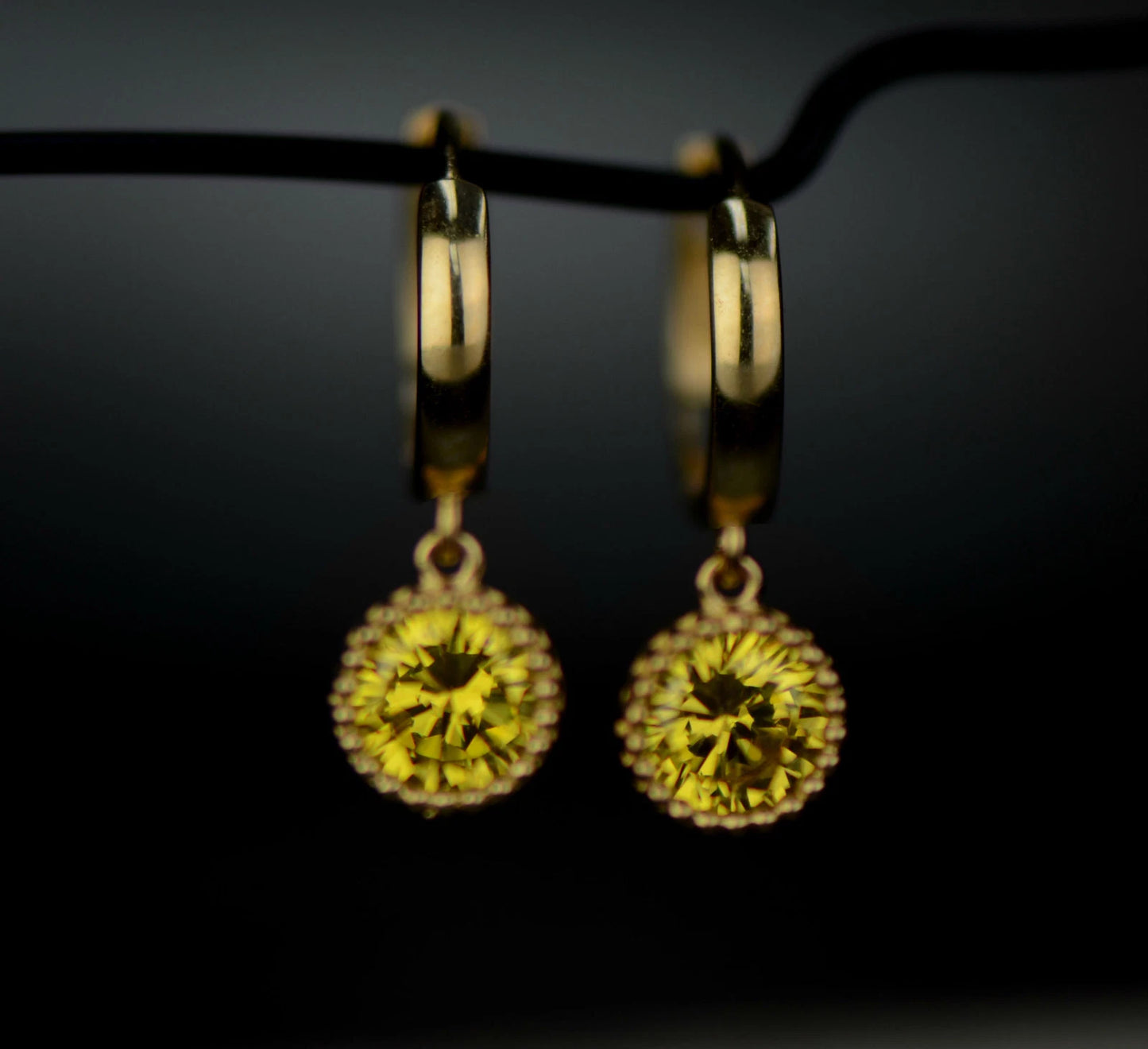 14k Yellow Gold Dangle Round Birthstone Huggie Earrings