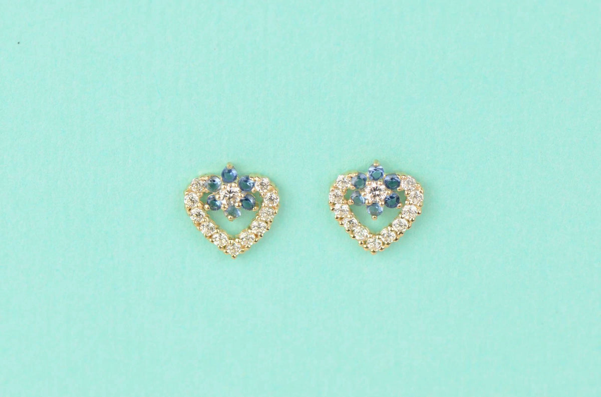 14K Yellow Gold Stud Heart Shape CZ Stud Earrings
