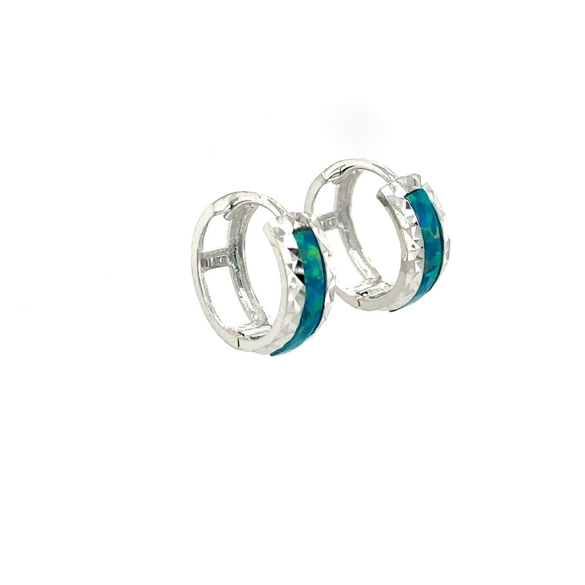 14k White Gold Dark Green Opal Huggie Hoop Earrings