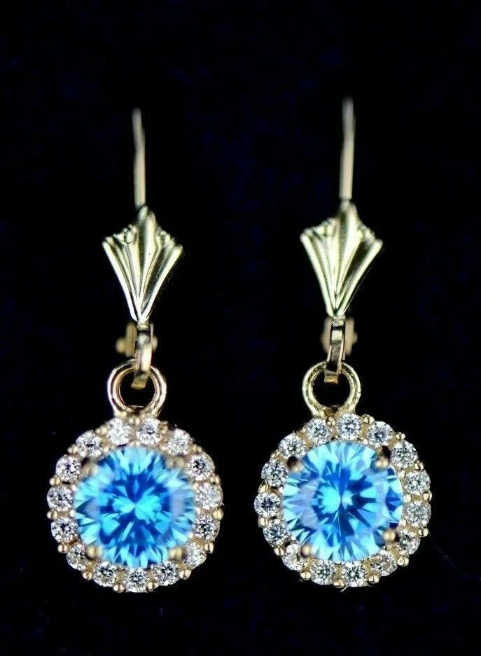 14k Yellow Gold Halo Dangle Round Leverback Pierced Earrings Birthstone