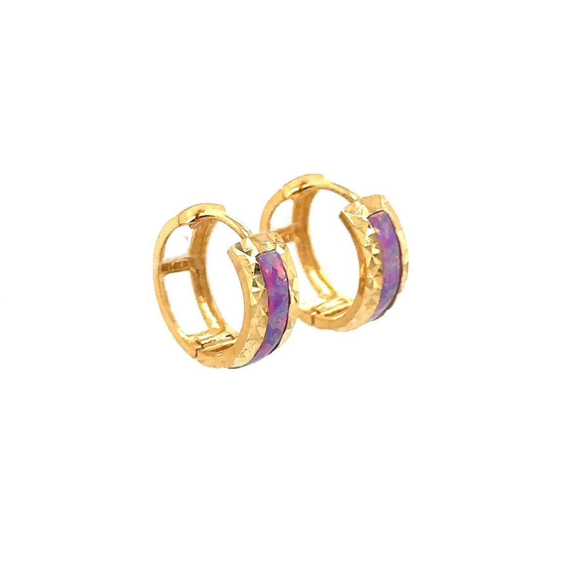 14k Yellow Gold Purple Opal Huggie Hoop Earrings