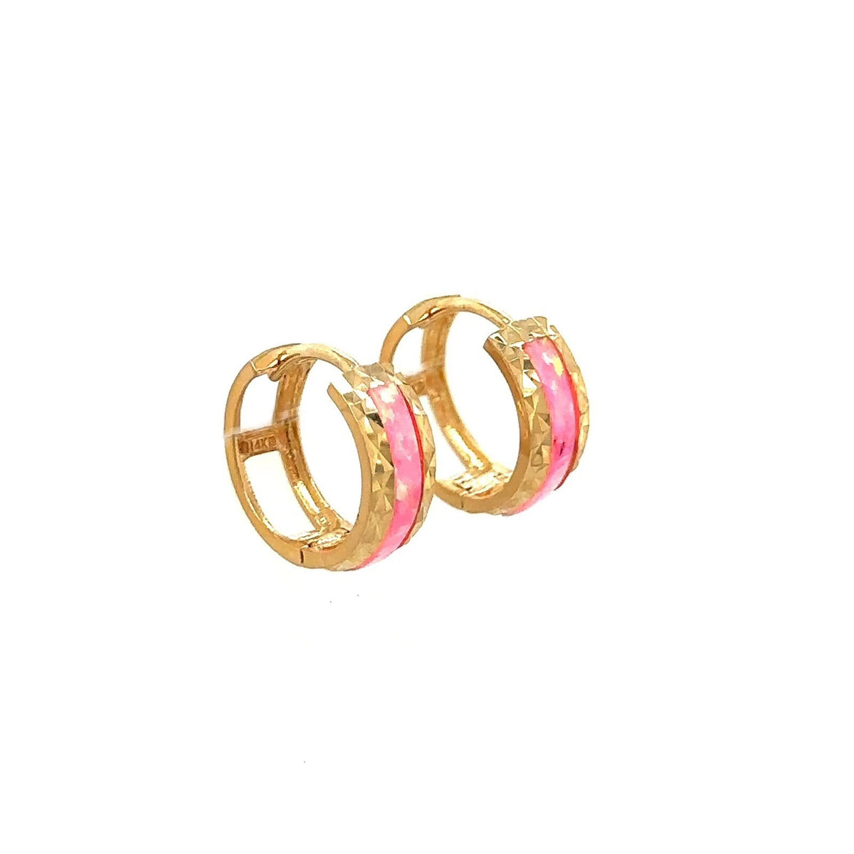 14k Yellow Gold Hot Pink Opal Huggie Hoop Earrings
