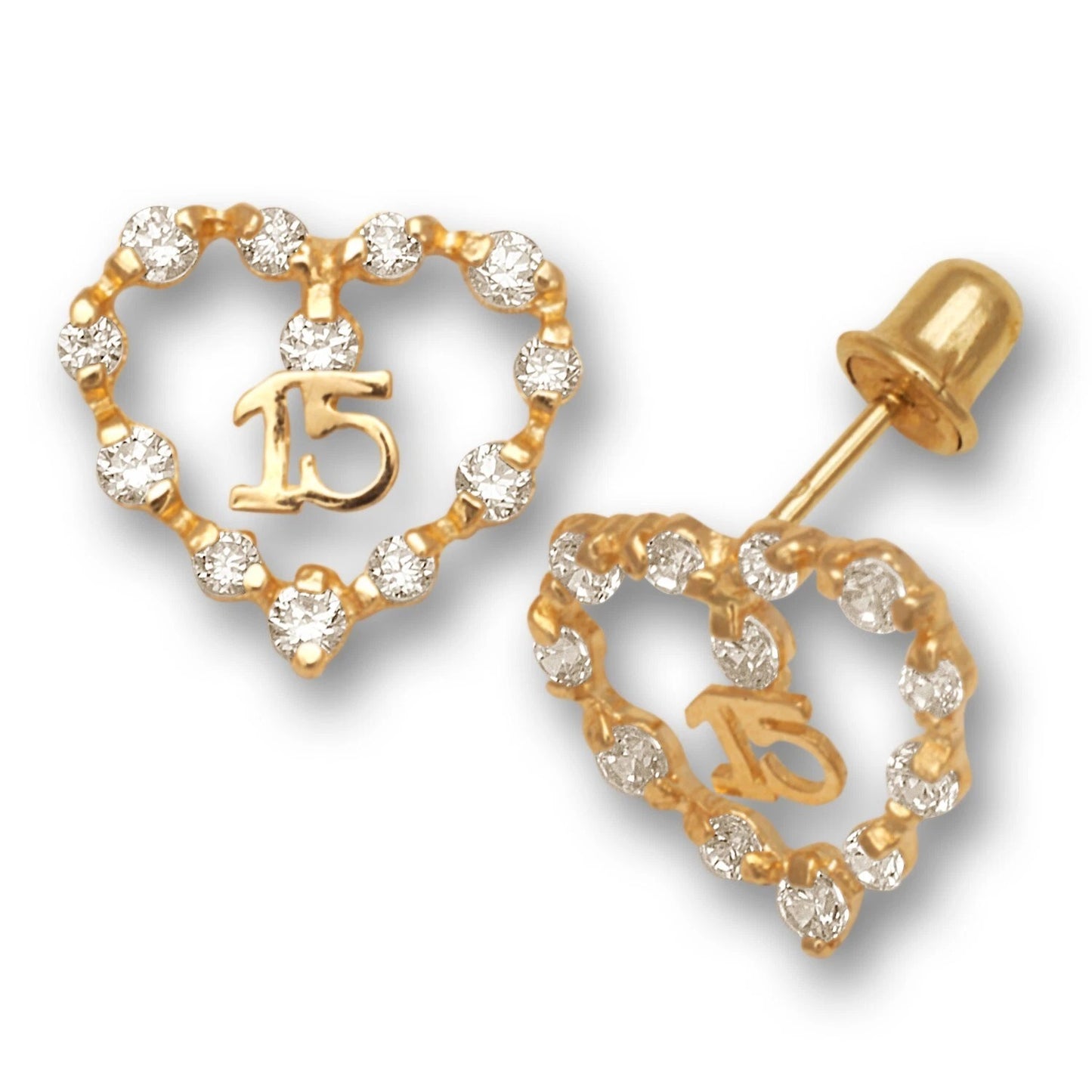 14K Yellow Gold Heart Shaped 15 Number kids Earrings For Women