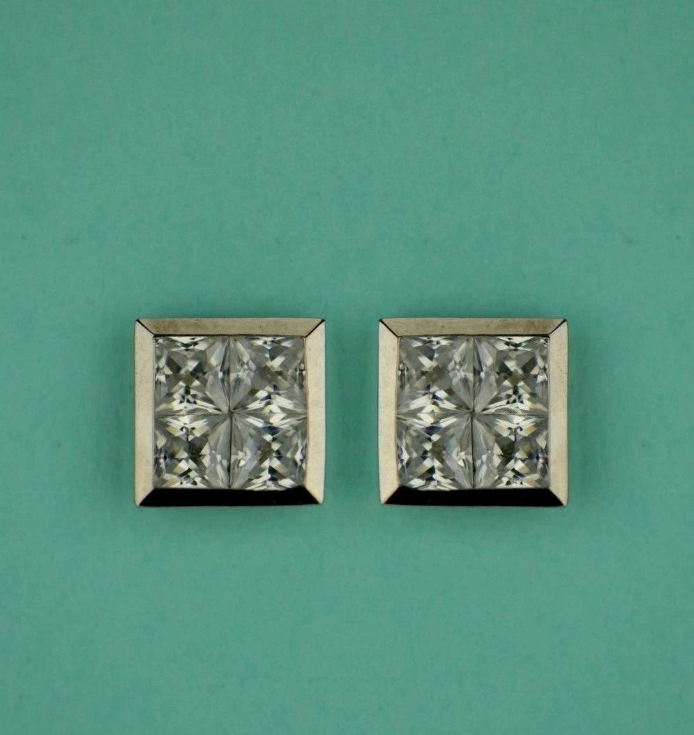 14K Yellow or White Gold Fancy Square CZ Stud Earring