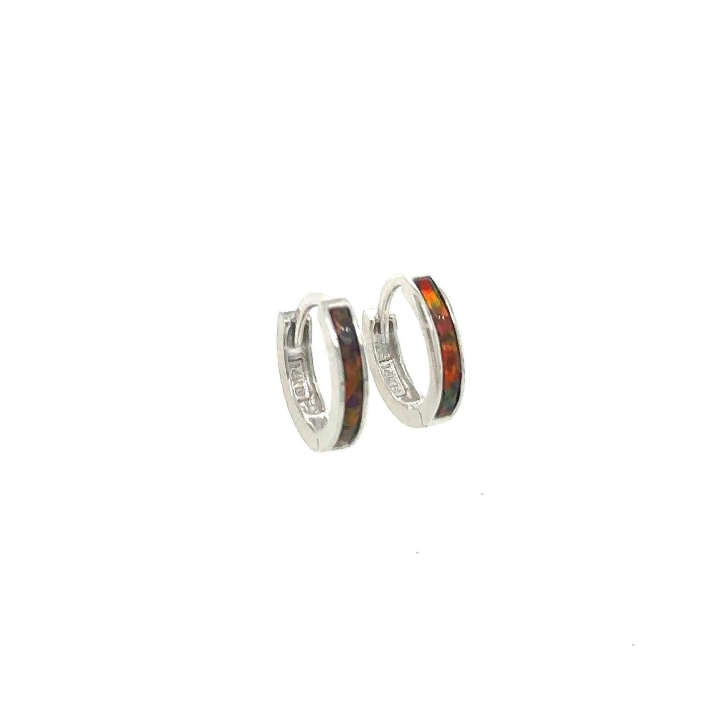 14k White Gold One Row Black Opal Huggie Hoop Earrings