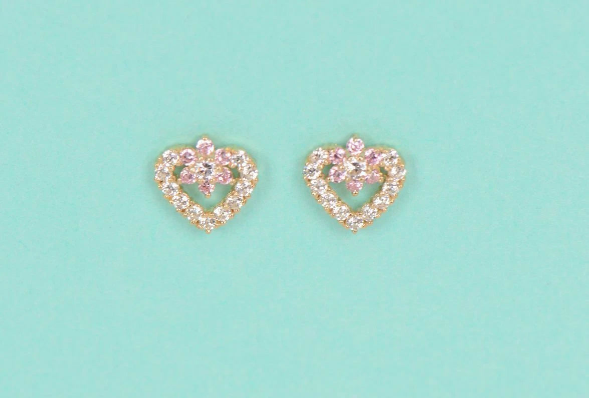 14K Yellow Gold Stud Heart Shape CZ Stud Earrings