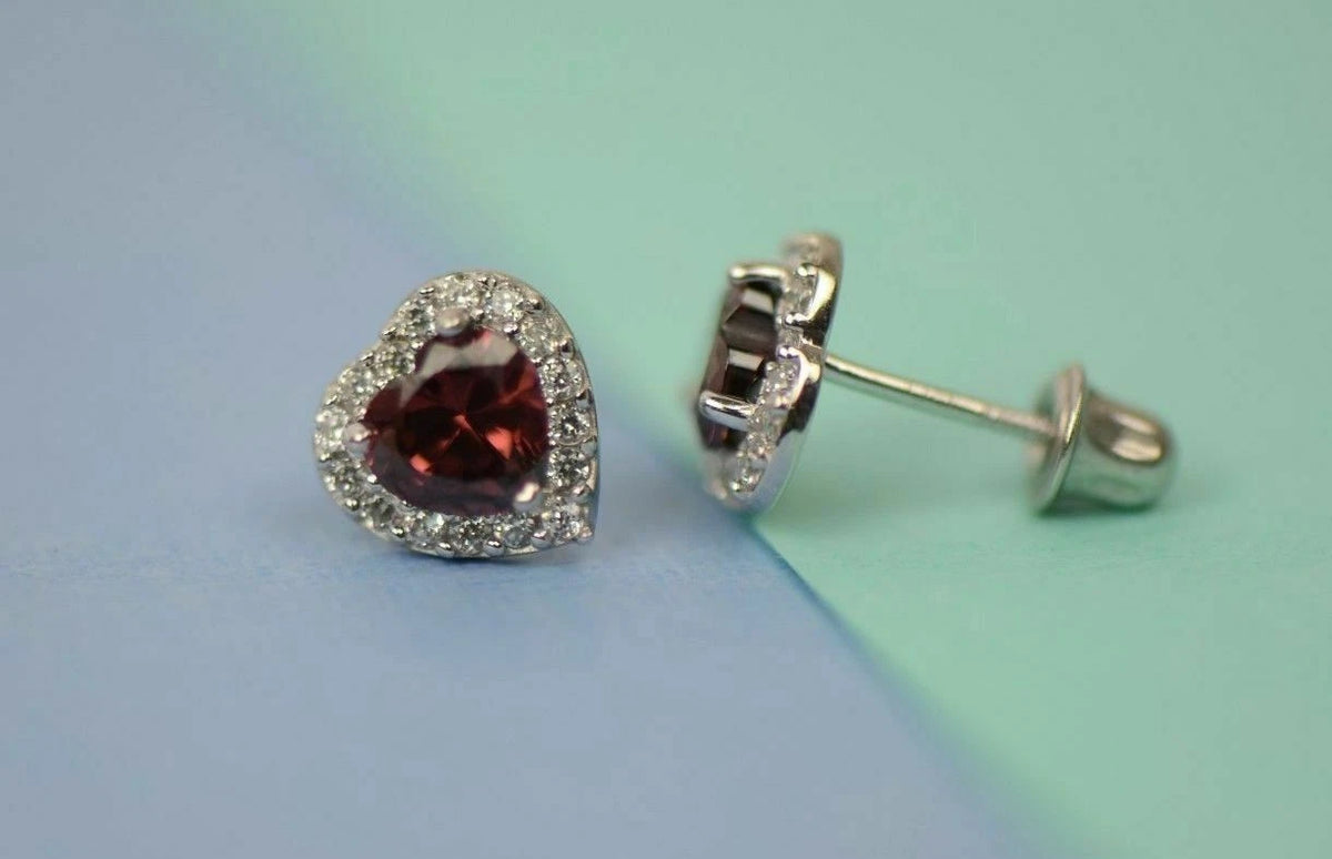 14K White Gold Halo Heart CZ Stud Earrings Screw Back