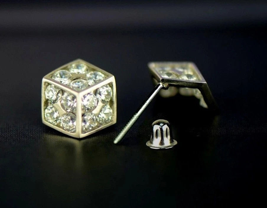 14K Yellow or White Gold Dice Stud Earrings Screw Back