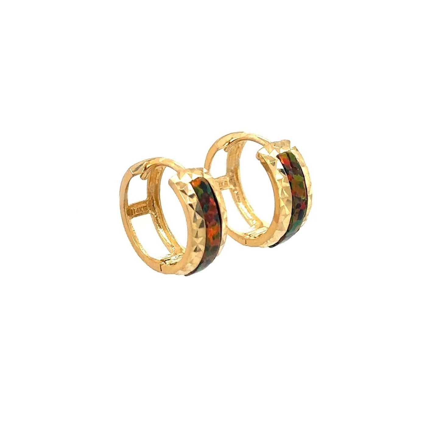 14k Yellow Gold Black Opal Huggie Hoop Earrings