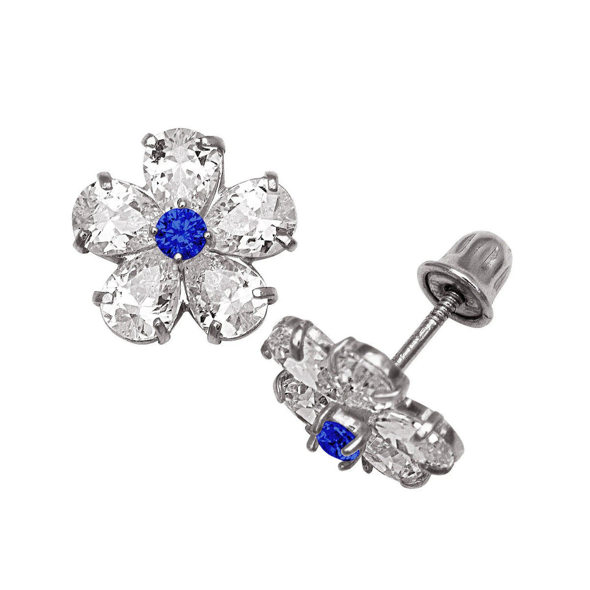 14k Yellow & White Gold CZ Flower Birthstone Stud Screw Back Earrings for Women