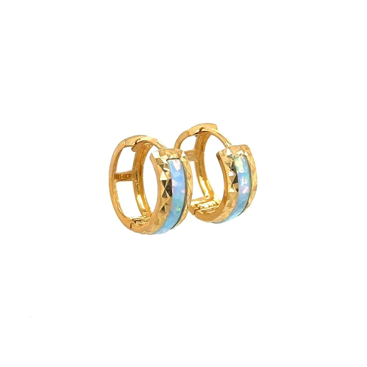 14k Yellow Gold Light Blue Opal Huggie Hoop Earrings