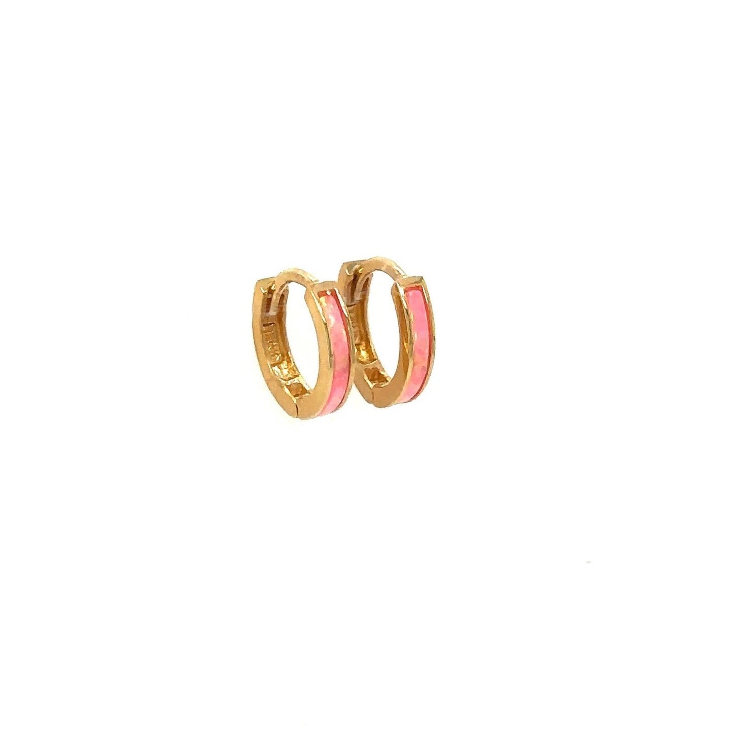 14k Yellow Gold One Row Pink Opal Huggie Hoop Earrings