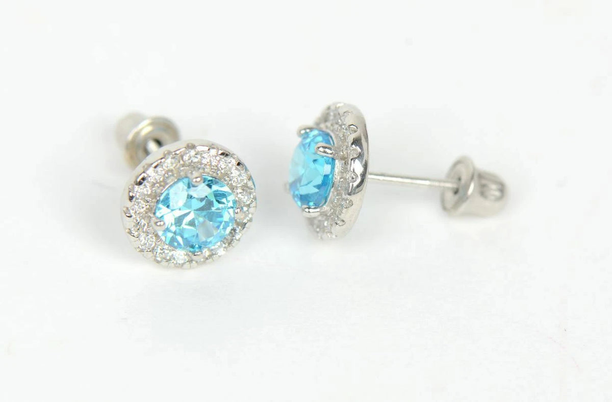 14K Solid White Gold Halo Stud CZ Screw Back Earrings