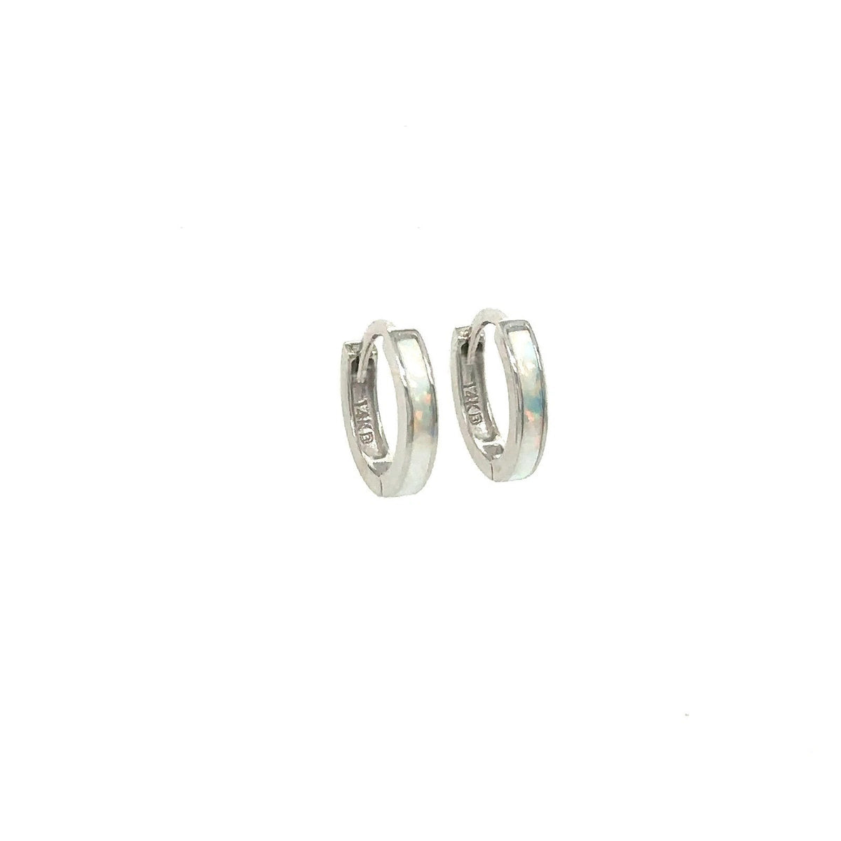14k White Gold One Row White Opal Huggie Hoop Earrings