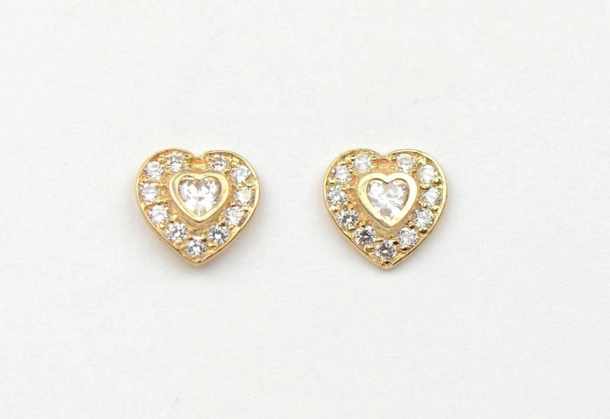 14K Yellow Gold Birthstone Heart with CZ Stud Earrings Screw Back
