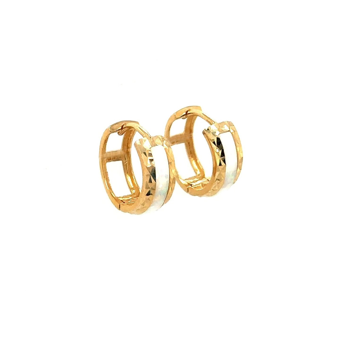 14k Yellow Gold White Opal Huggie Hoop Earrings