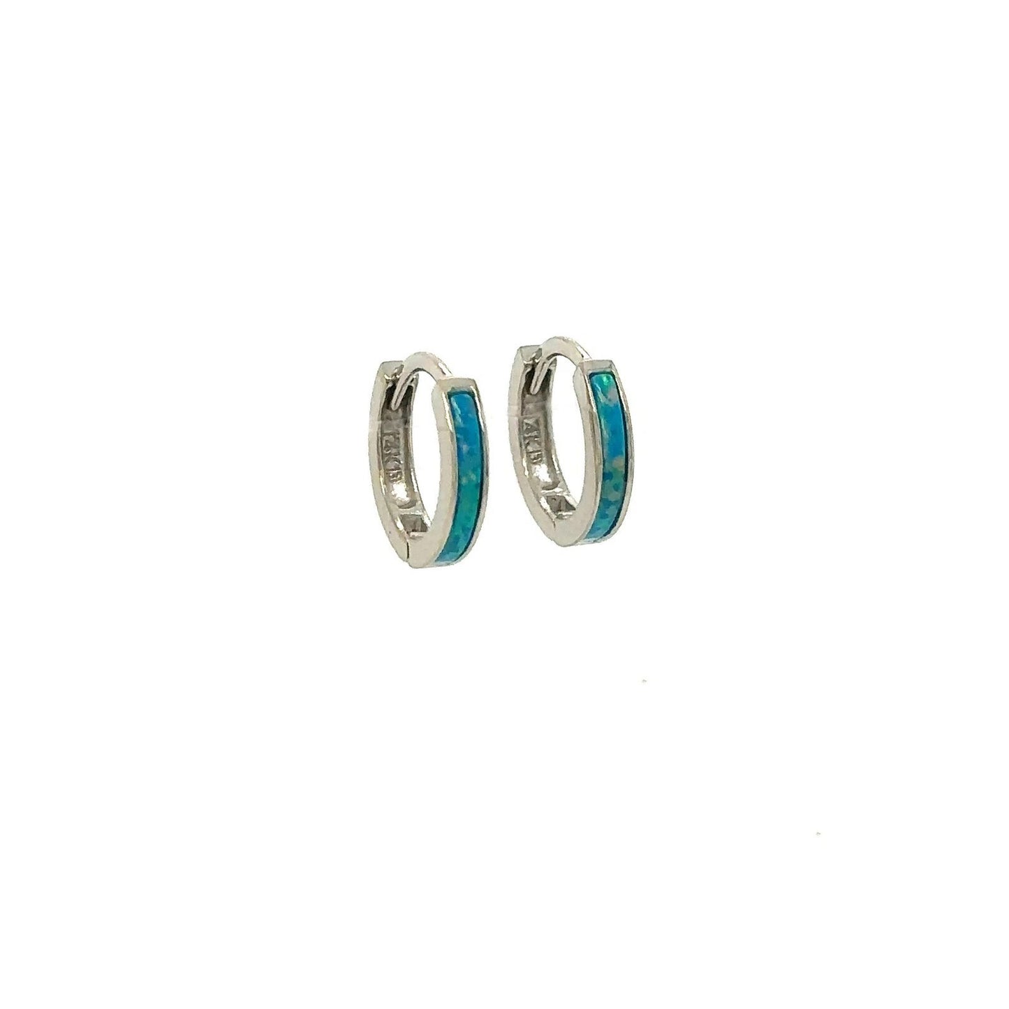 14k White Gold One Row Dark Green Opal Huggie Hoop Earrings