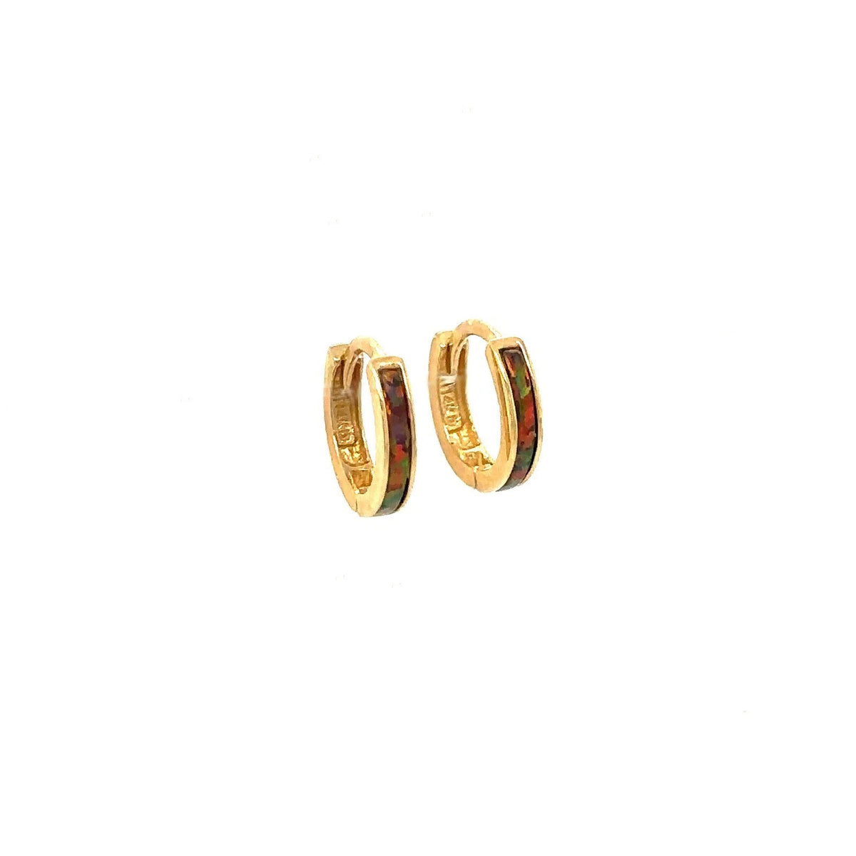 14k Yellow Gold One Row Black Opal Huggie Hoop Earrings