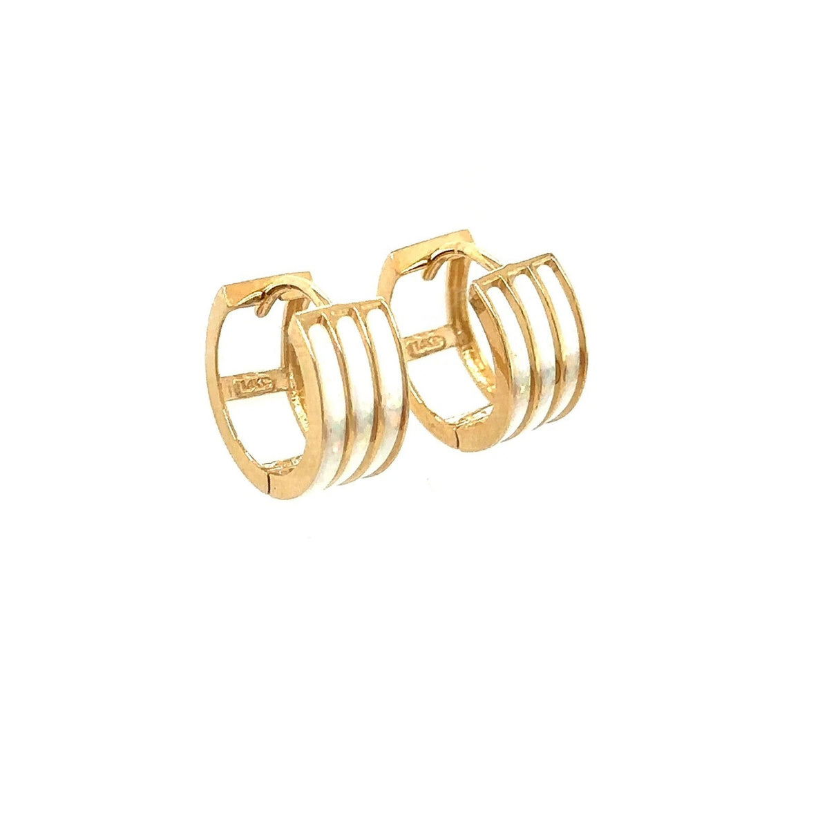 14k Yellow Gold Triple Row White Opal Huggie Hoop Earrings