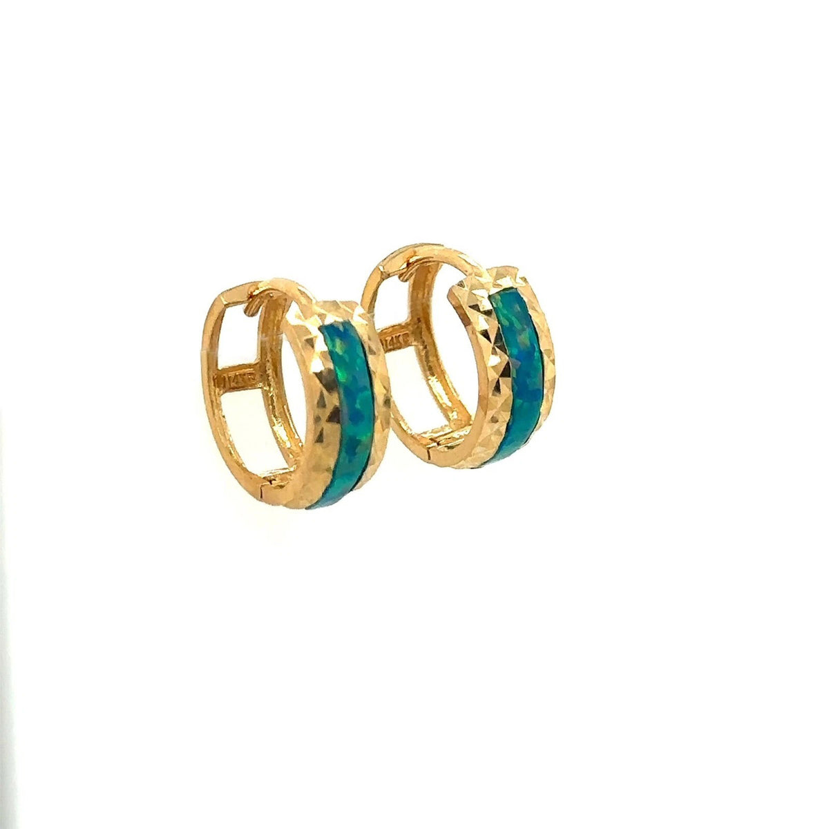 14k Yellow Gold Dark Green Opal Huggie Hoop Earrings