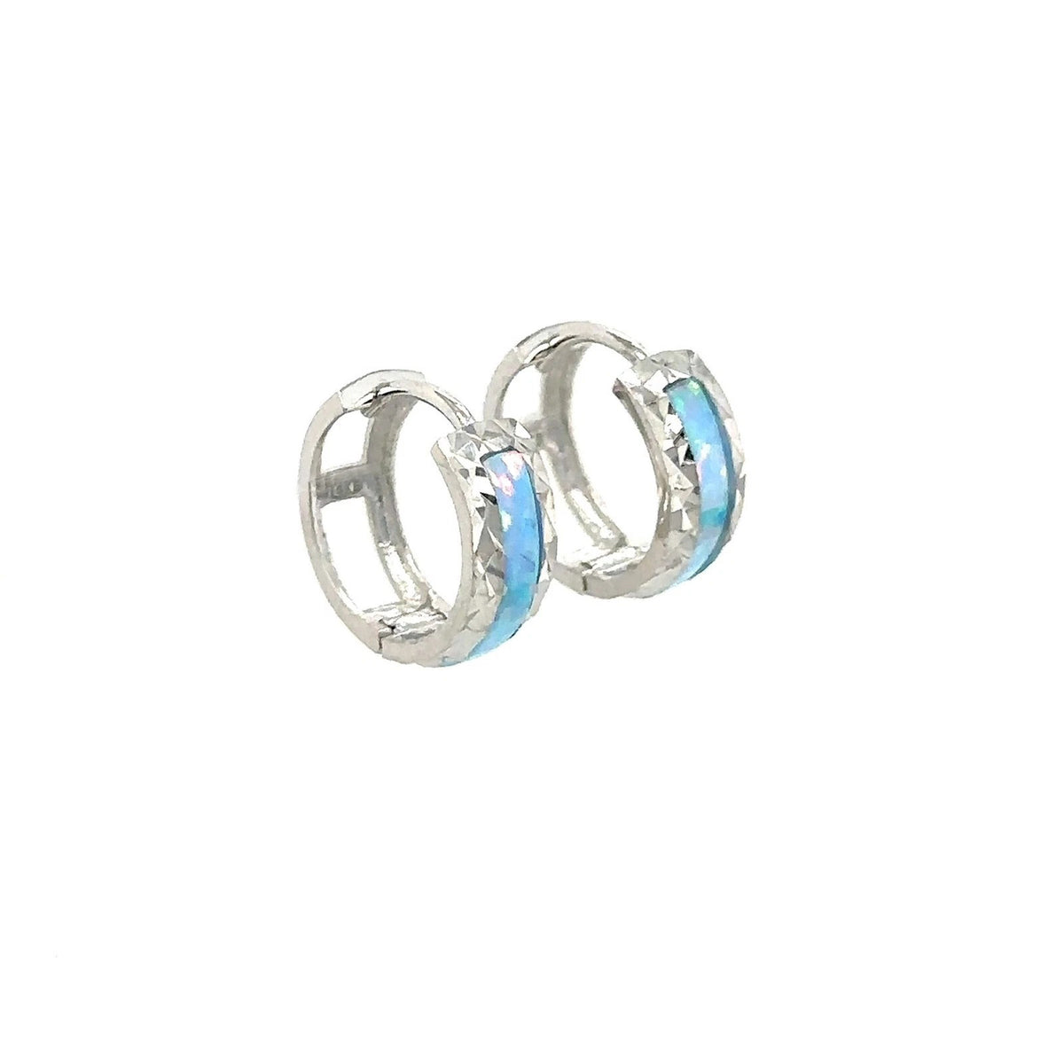 14k White Gold Light Blue Opal Huggie Hoop Earrings