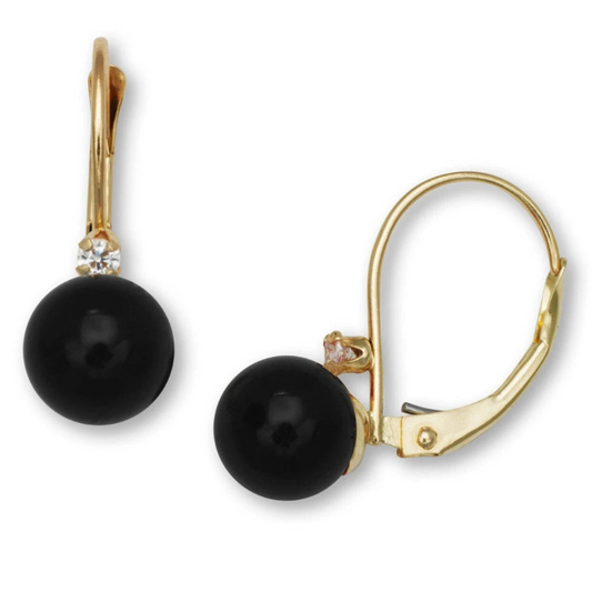 14K Yellow Gold Gorgeous CZ Black Onyx Leverback Earrings for Women