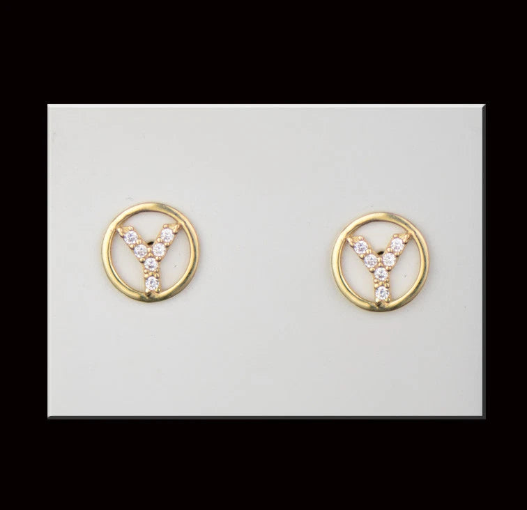 14k Yellow or White Gold Round Initial Letters CZ Stud Earrings