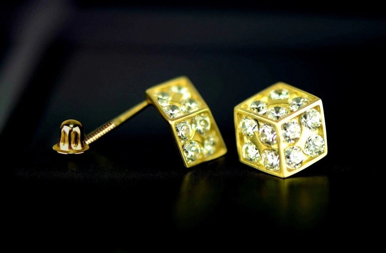 14K Yellow or White Gold Dice Stud Earrings Screw Back