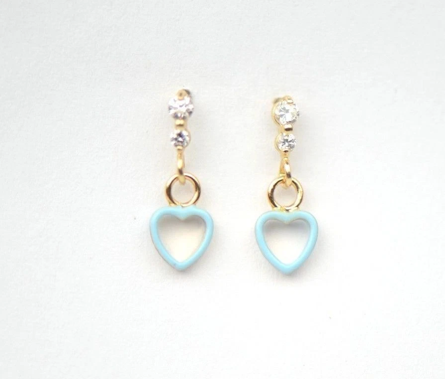 14K Solid Yellow Gold Heart Shape Dangle Earring with Enamel