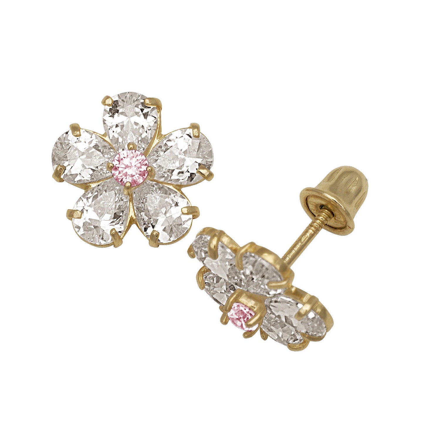 14k Yellow & White Gold CZ Flower Birthstone Stud Screw Back Earrings for Women