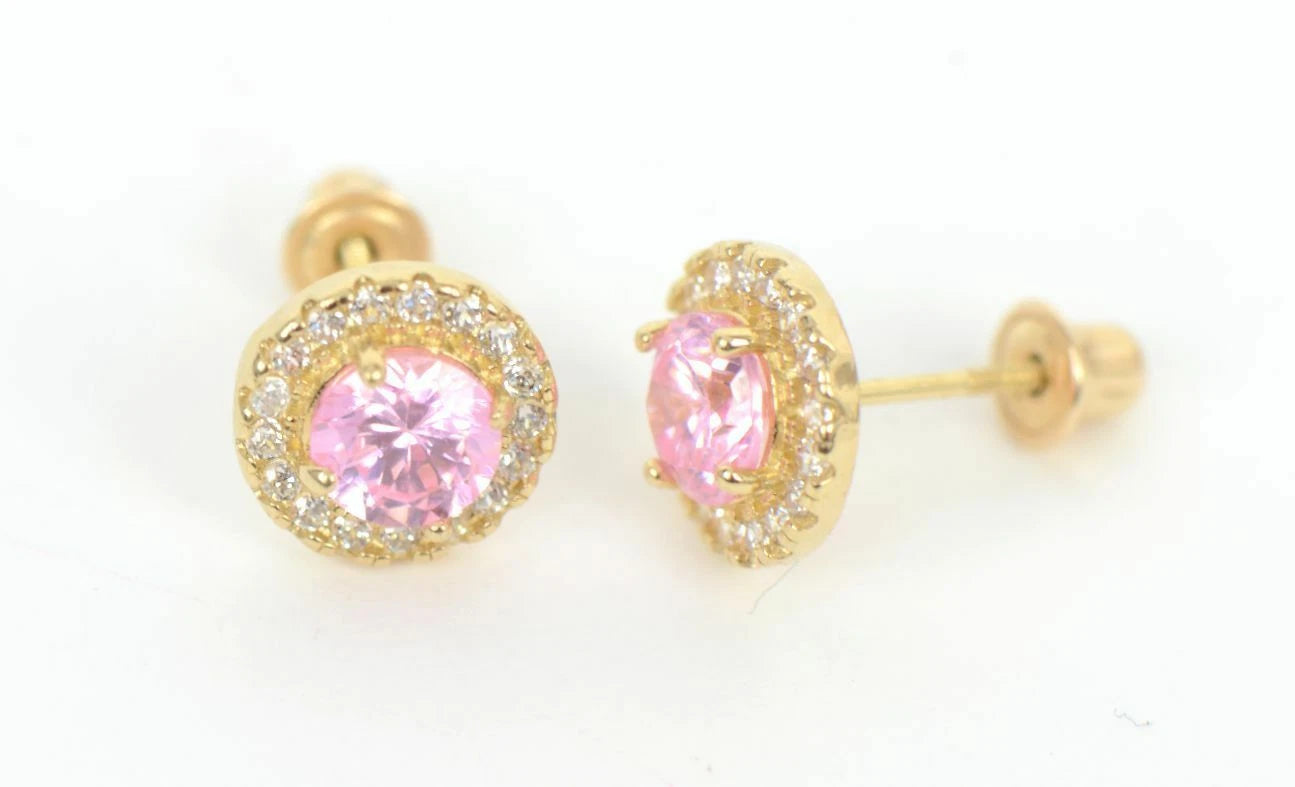 14K Yellow Gold Halo Stud Screw Back Earrings