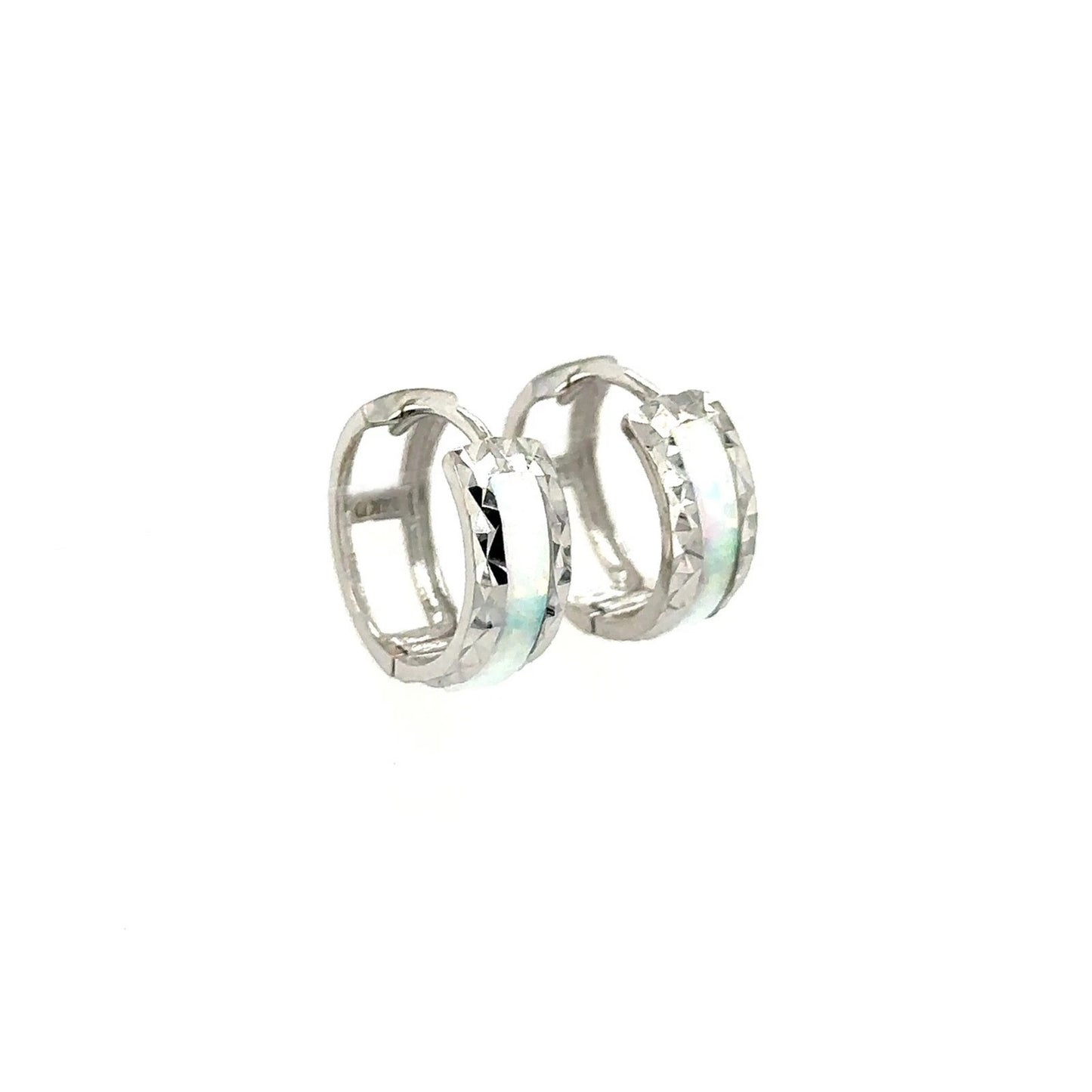14k White Gold White Opal Huggie Hoop Earrings