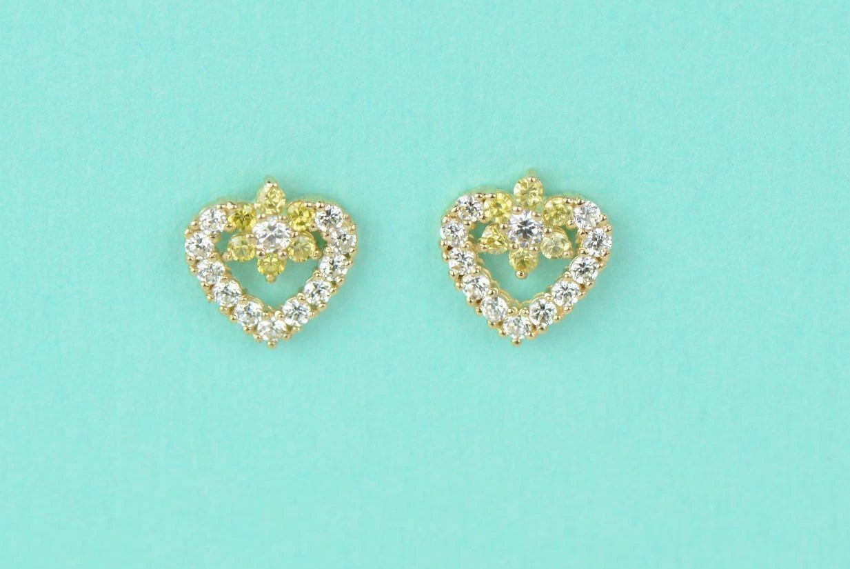 14K Yellow Gold Stud Heart Shape CZ Stud Earrings