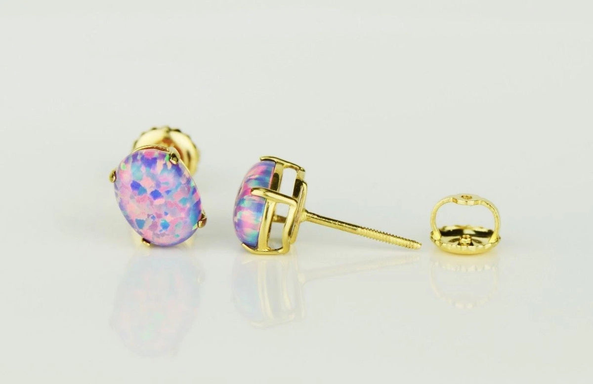 14k Yellow & White Gold Oval Opal Screw Back Stud Earrings for Earrings