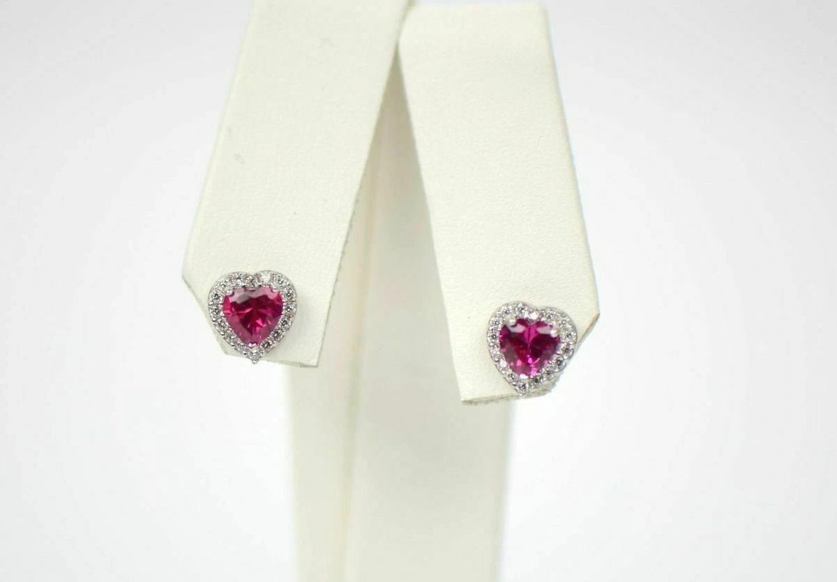 14K White Gold Halo Heart CZ Stud Earrings Screw Back